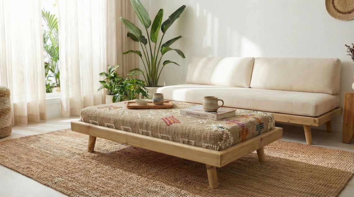Green Moroccan Modular Bench & Coffee Table Geometric Kilim Fabric on Rustic Natural Wood Base with Cylindrical Legs more color choose