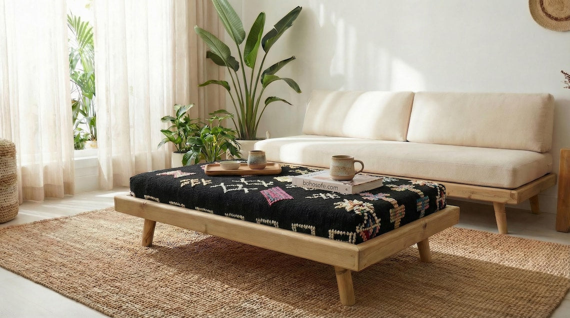 Green Moroccan Modular Bench & Coffee Table Geometric Kilim Fabric on Rustic Natural Wood Base with Cylindrical Legs more color choose