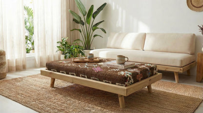 Green Moroccan Modular Bench & Coffee Table Geometric Kilim Fabric on Rustic Natural Wood Base with Cylindrical Legs more color choose