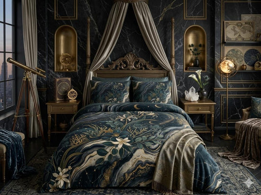 Celestial Botanical Duvet Cover Set – Dark Academia Navy Gold Bedding