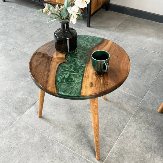 Round Live Edge Epoxy Coffee Table Walnut Side Table Mid Century Modern End Table with Wooden Legs Handmade