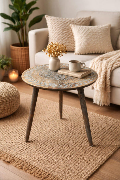 Hand Carved Wooden Coffee Table, Round Boho Rustic Accent Table