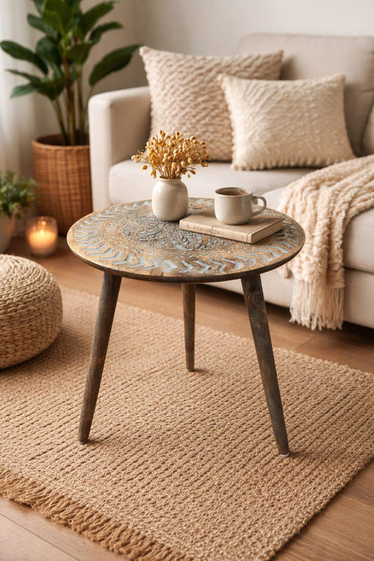 Hand Carved Wooden Coffee Table, Round Boho Rustic Accent Table
