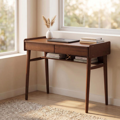 Mid-Century Modern Bamboo Computer Desk with Storage & Cable Management
