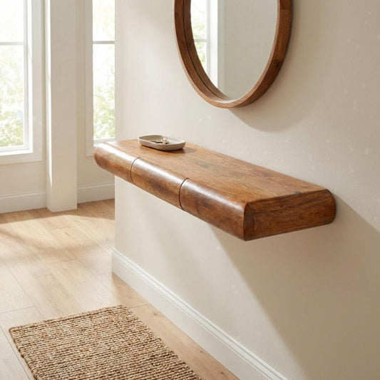 Wall Mounted Console Table: Slim Mango Wood - Amber Oak Finish | US Stock