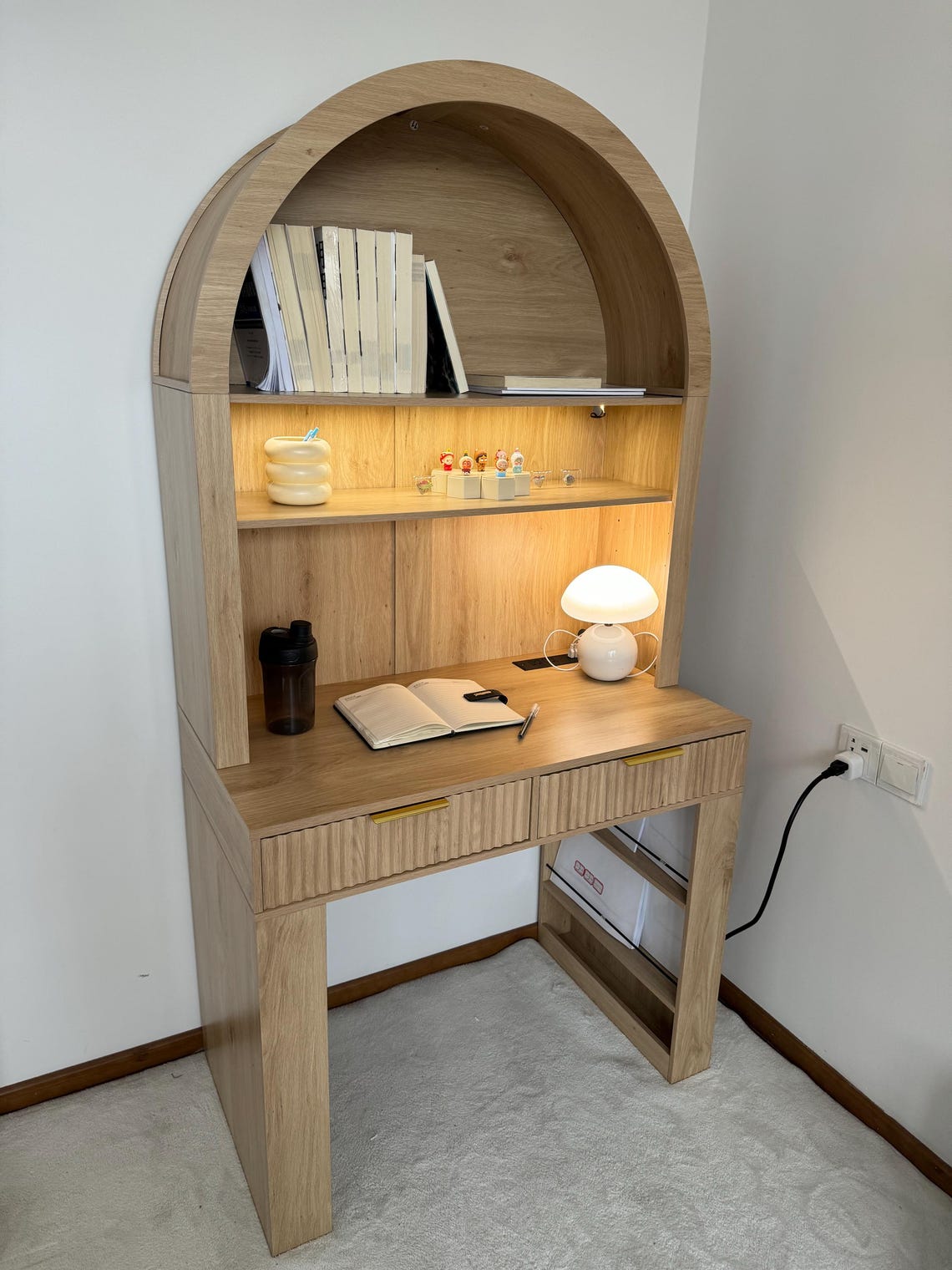 Arched Home Office Desk with Hutch, LED Lights & Charging Station - MDF Wood