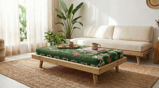 Green Moroccan Modular Bench & Coffee Table Geometric Kilim Fabric on Rustic Natural Wood Base with Cylindrical Legs more color choose