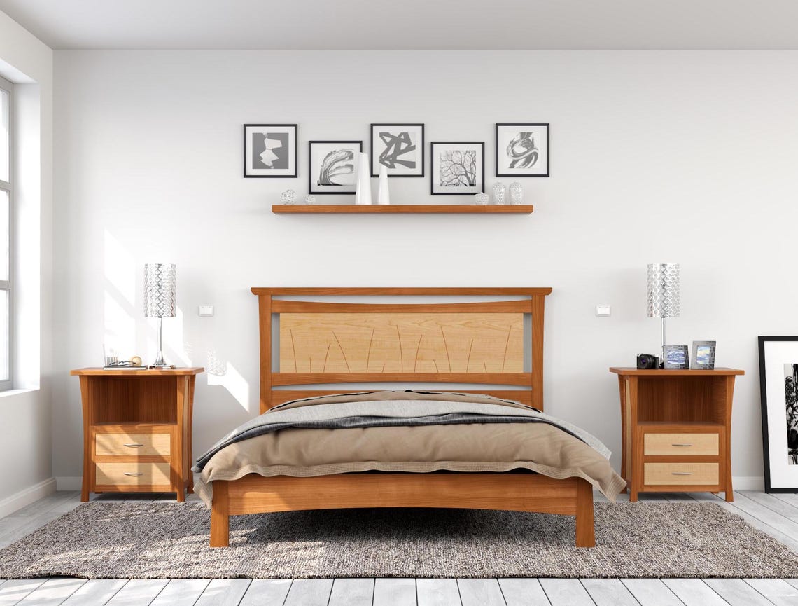 Solid Wood Platform Bed with Slatted Headboard - Coastal "Seaside Bed"