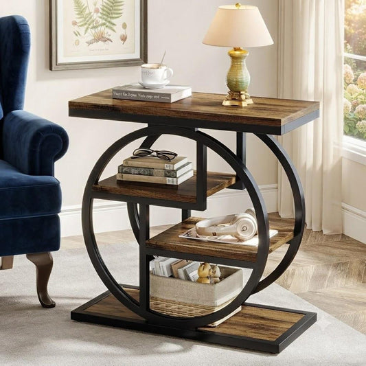 4 Tier Narrow End Table | Rustic Side Table with Storage Shelves
