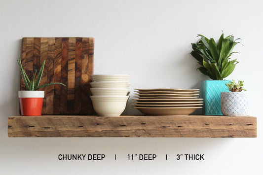 Reclaimed Barn Wood Deep Floating Shelves | 3" Barn Beam | Amish Handcrafted | Set of 2| Low Profile Brackets