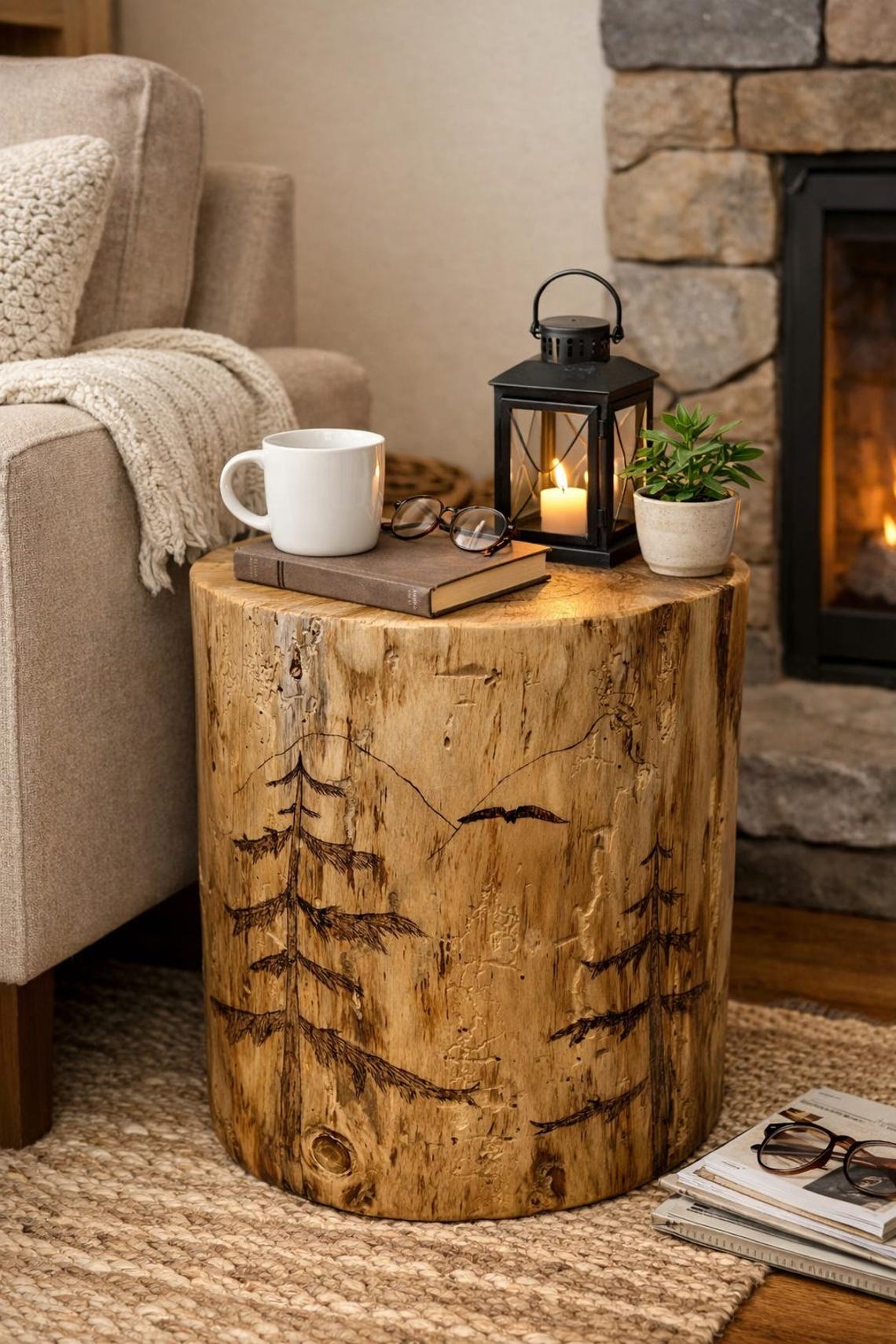 Woodland Scene Stump End Table, Hand-Burned Wood Plant Stand, Rustic Lodge Décor