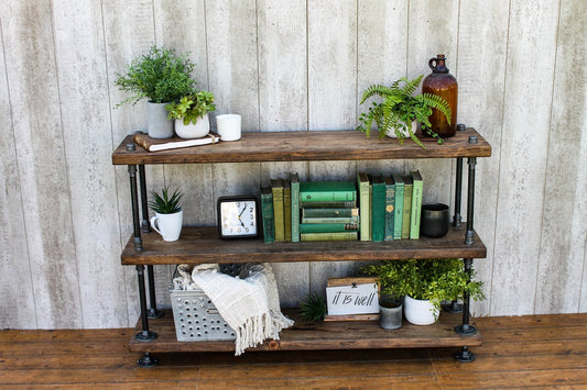 Steampunk book shelf, Industrial bookcase, Wooden Book Case, Wooden Book Shelf, Rustic book shelf, Steampunk tier stand, Pipe bookcase.