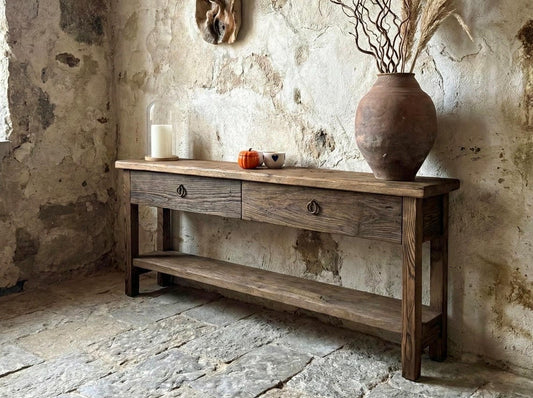 Reclaimed Oak Wood Narrow Console Table: Rustic Entryway Furniture