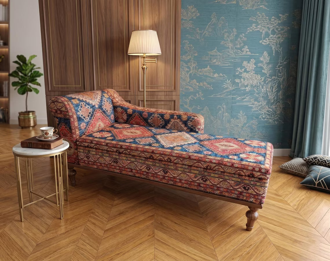 Oriental Motif Chaise Lounge Bed | Orange Blue Classic Settee