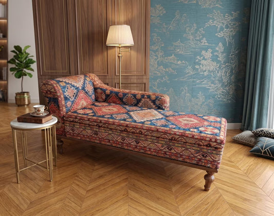Oriental Motif Chaise Lounge Bed | Orange Blue Classic Settee