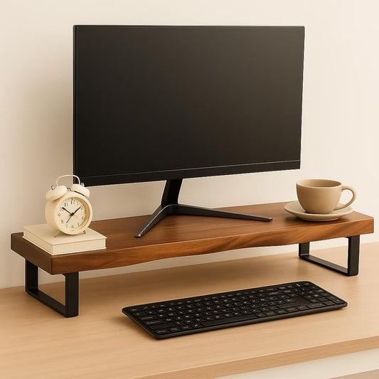 Handcrafted Walnut Monitor Riser with Live Edge, Modern Desk Shelf with Steel Legs, Ergonomic Computer Stand for Home Office Decor