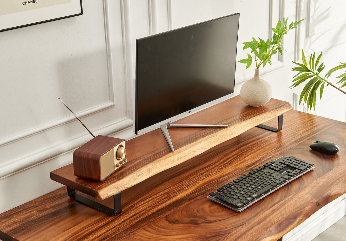 Walnut Monitor Stand: Solid Wood Desk Shelf with Steel Legs