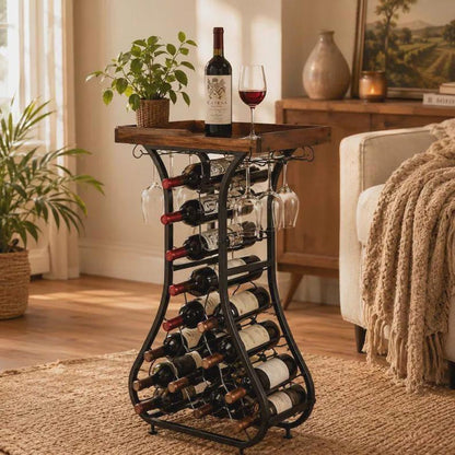 Freestanding Wine Rack Bar Table, Liquor Cabinet with Glass Holder