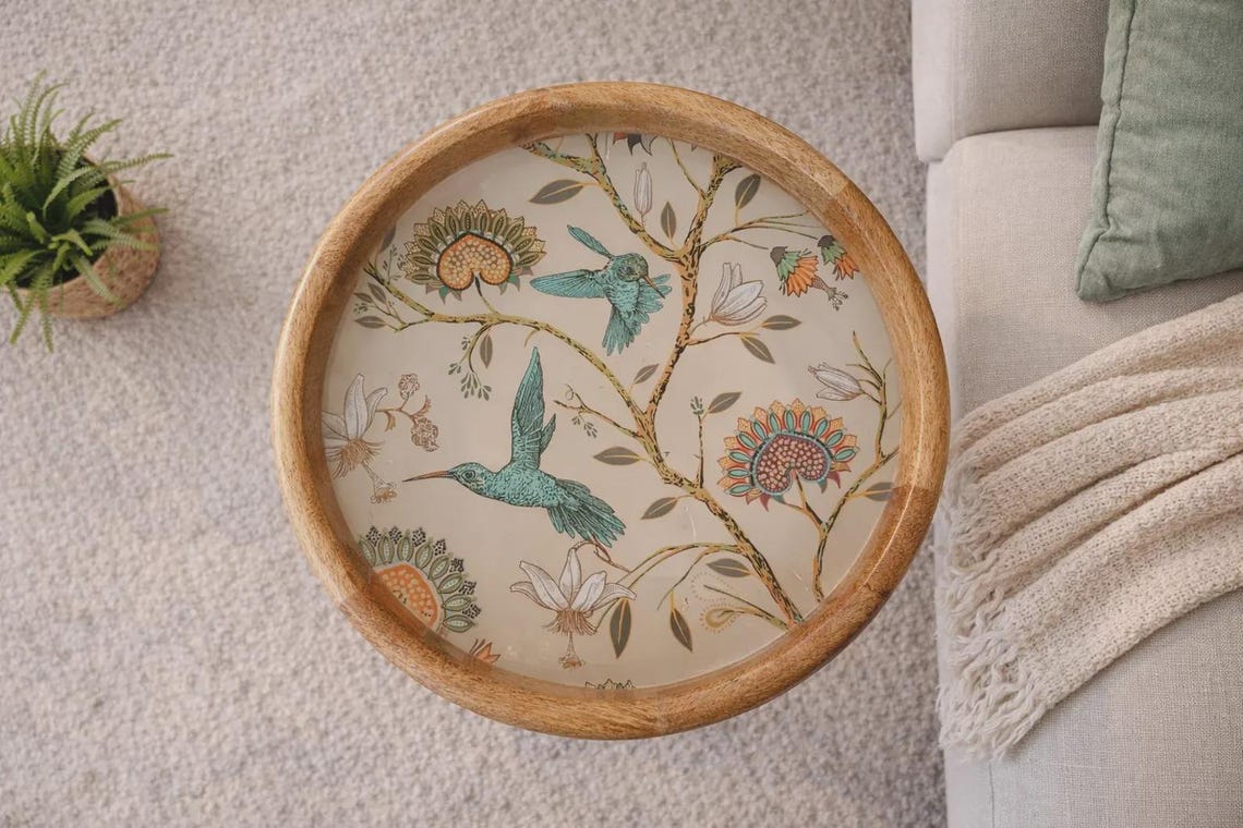 Handcrafted Mango Wood Side Tables: Boho Living Room Furniture Hummingbirds