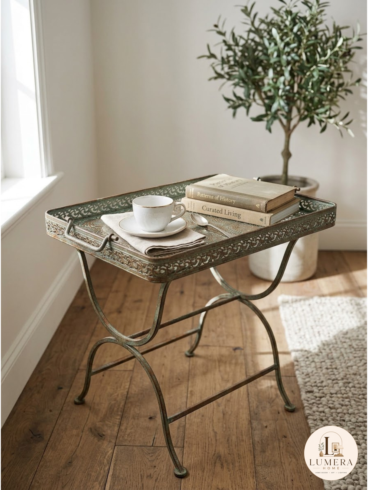 Green Patina Iron Garden Table – Floral Coffee Table, Home Decor