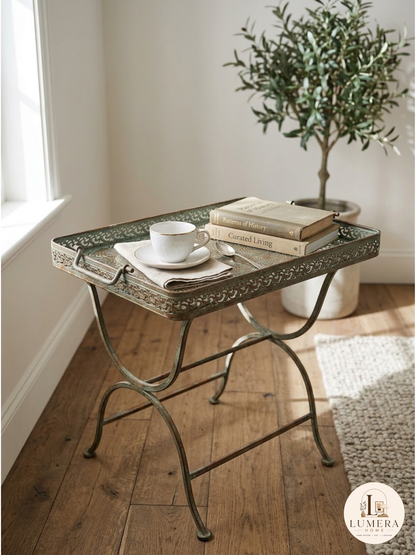 Green Patina Iron Garden Table – Floral Coffee Table, Home Decor