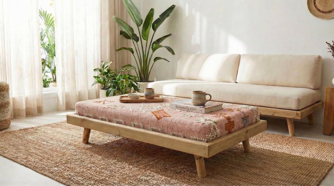 Green Moroccan Modular Bench & Coffee Table Geometric Kilim Fabric on Rustic Natural Wood Base with Cylindrical Legs more color choose