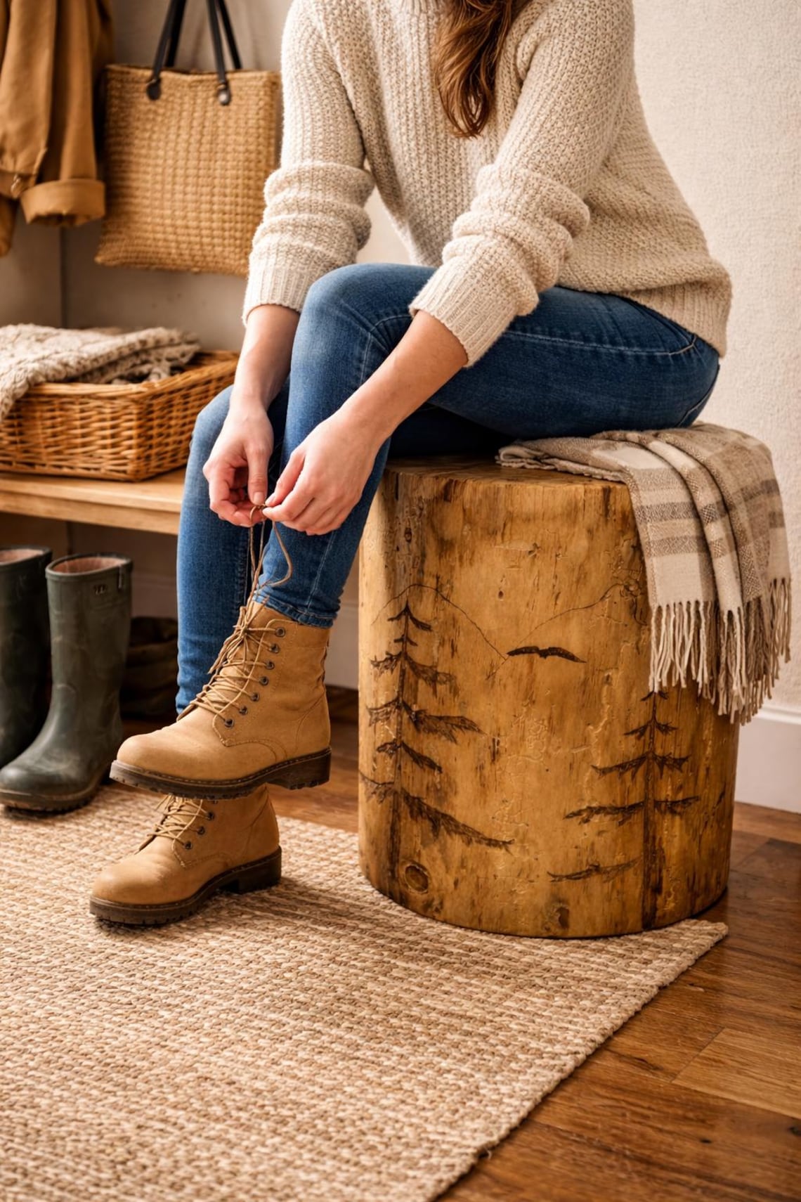 Woodland Scene Stump End Table, Hand-Burned Wood Plant Stand, Rustic Lodge Décor