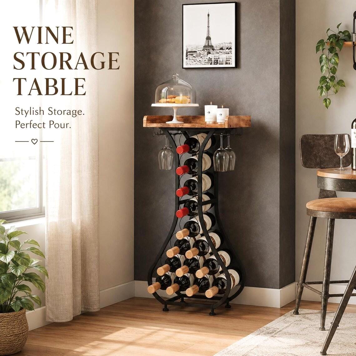 Freestanding Wine Rack Bar Table, Liquor Cabinet with Glass Holder