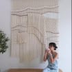Extra Large Neutral Macrame Wall Art – Handmade Woven Tapestry with Teak Wood Bar, Textured Bohemian Wall Decor for Bedroom or Living Room