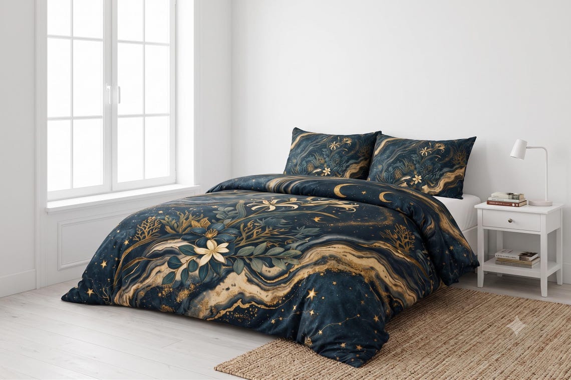 Celestial Botanical Duvet Cover Set – Dark Academia Navy Gold Bedding