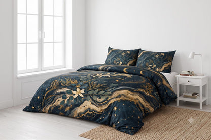 Celestial Botanical Duvet Cover Set – Dark Academia Navy Gold Bedding