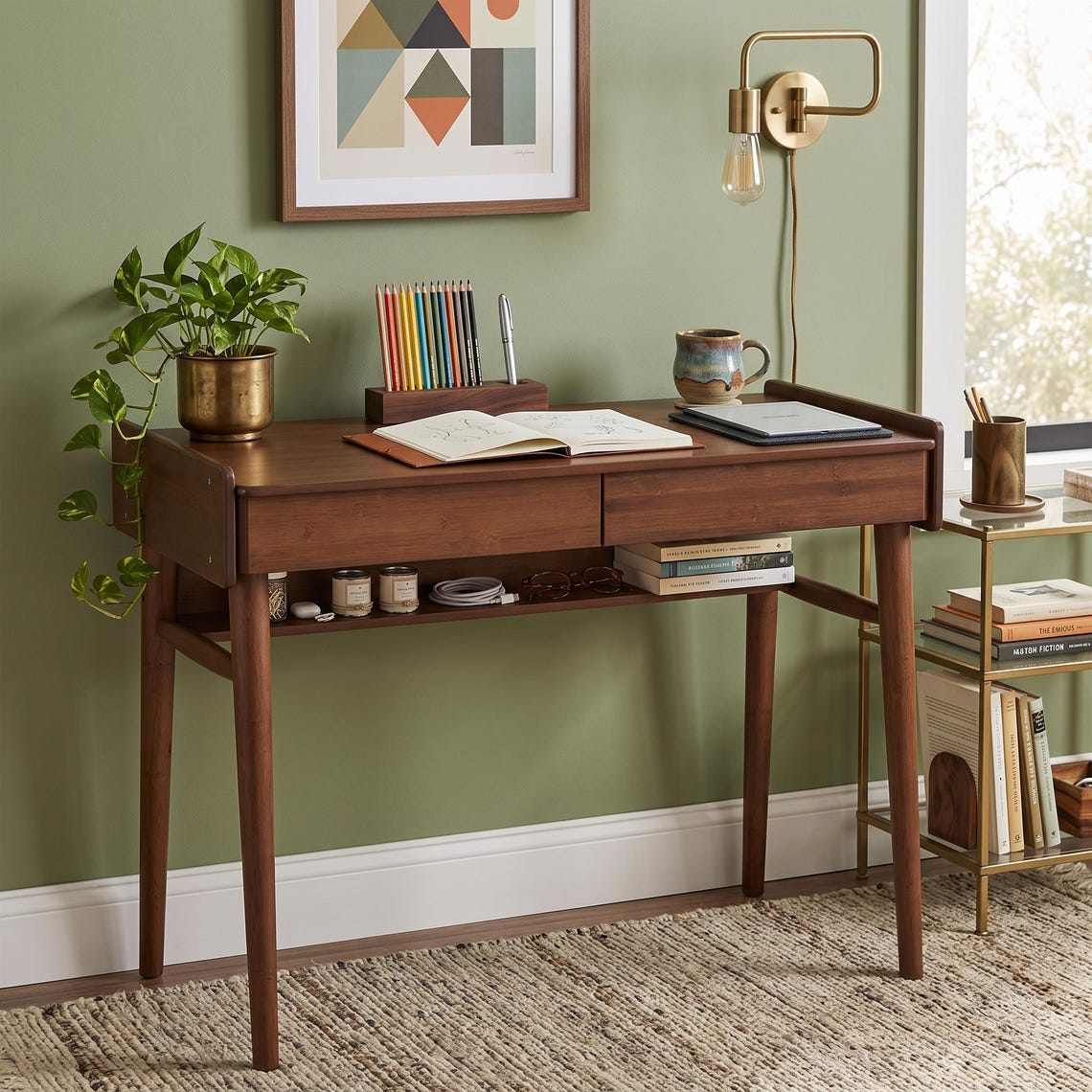 Mid-Century Modern Bamboo Computer Desk with Storage & Cable Management