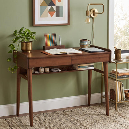 Mid-Century Modern Bamboo Computer Desk with Storage & Cable Management