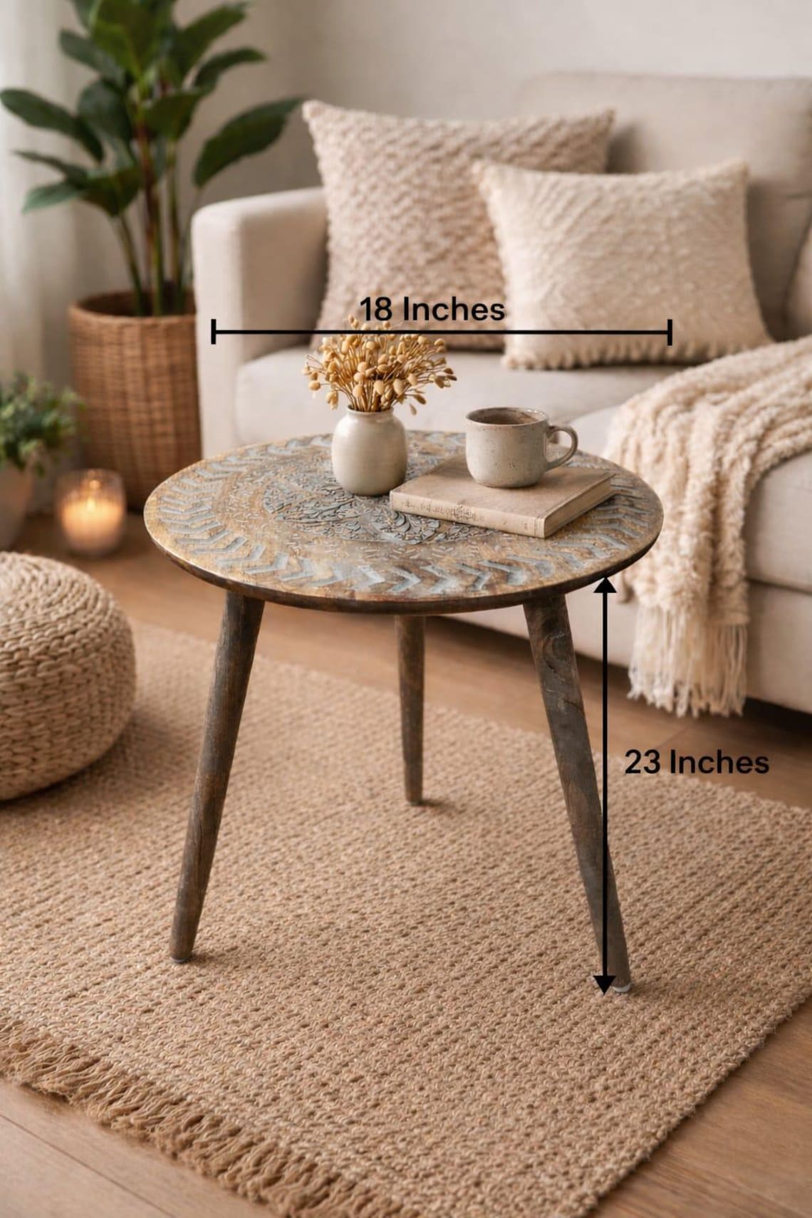 Hand Carved Wooden Coffee Table, Round Boho Rustic Accent Table