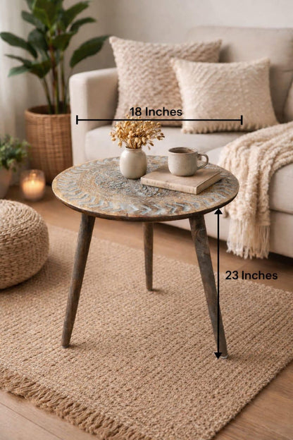 Hand Carved Wooden Coffee Table, Round Boho Rustic Accent Table