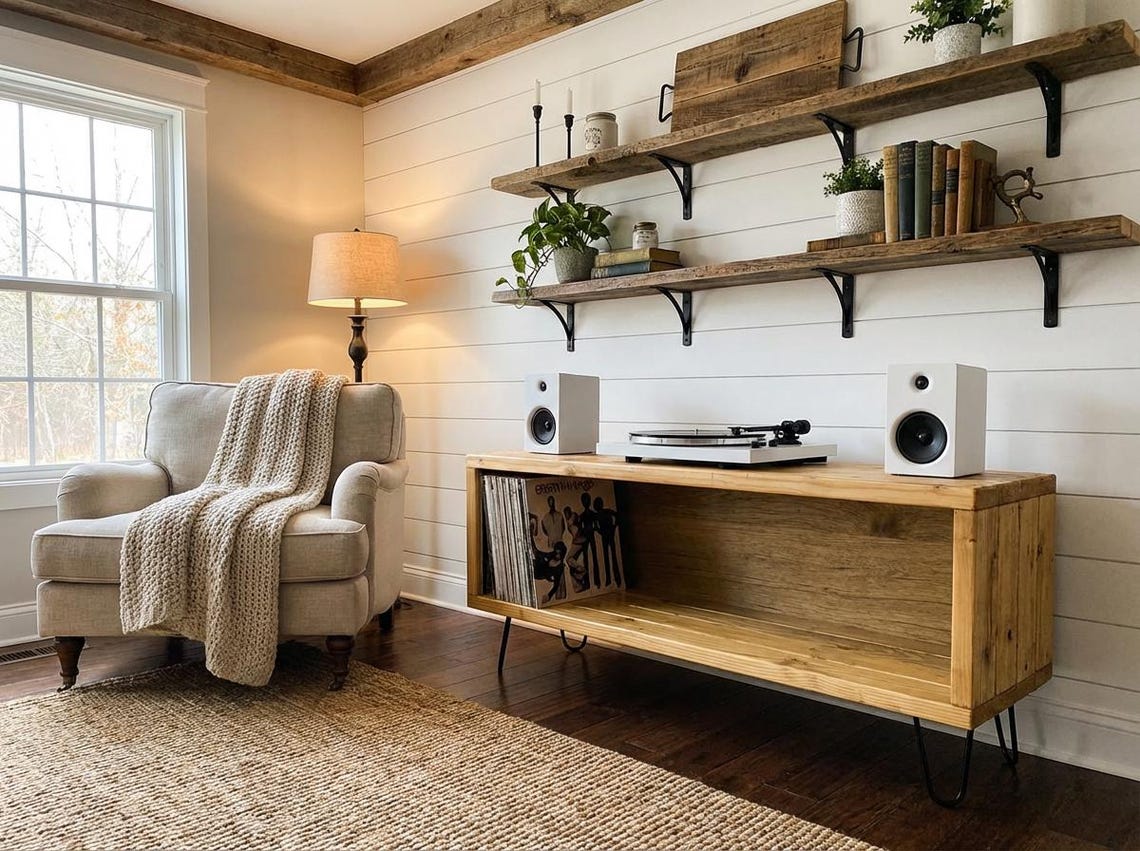 Record Player Stand with Vinyl Storage, Handmade in USA