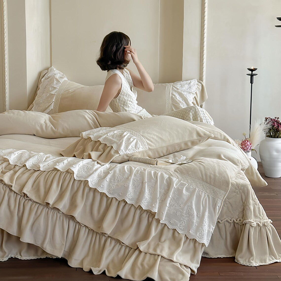 Retro French Fleece Bed Sheet, Luxury Bedroom Decor