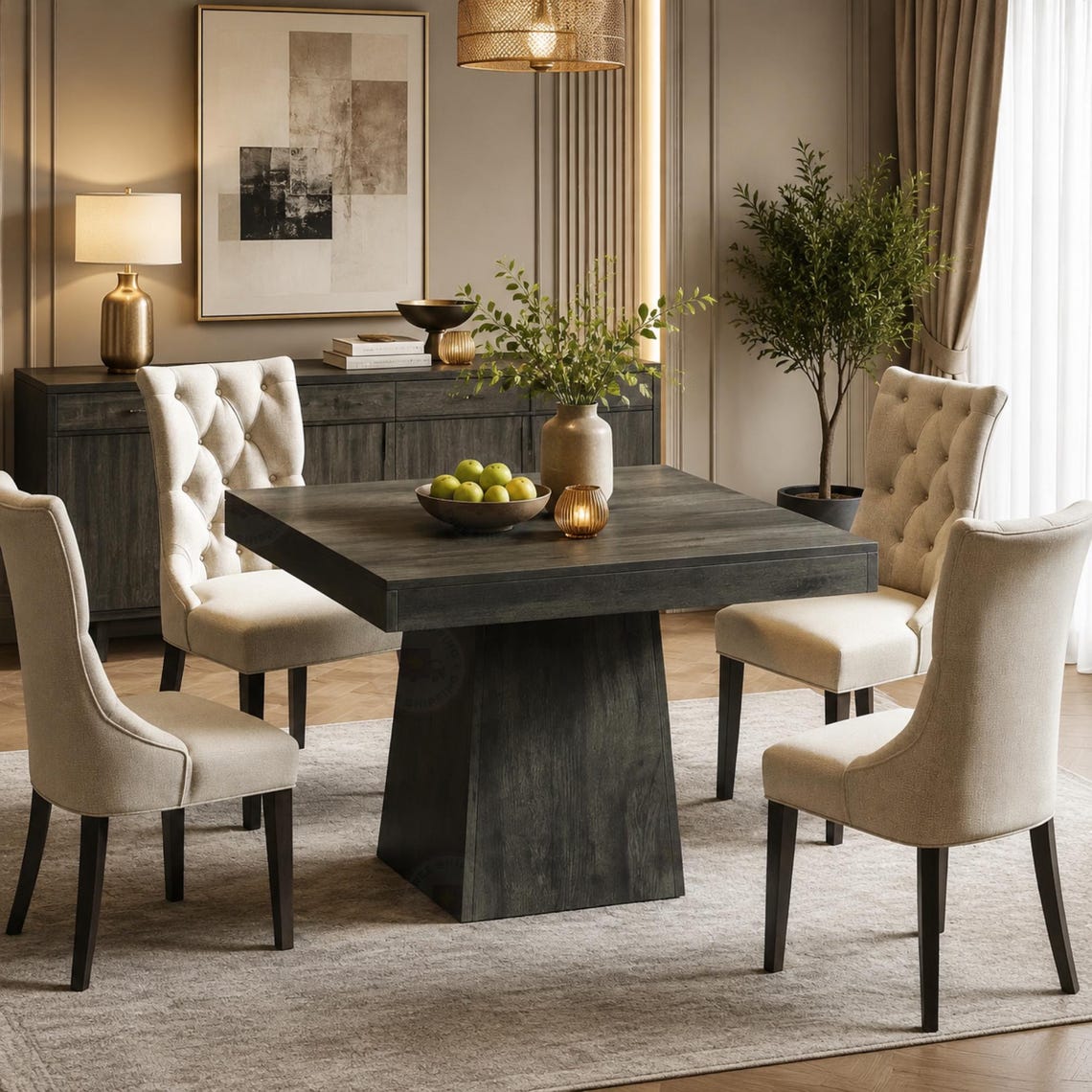 Square Dining Table, Rustic Grey Farmhouse Style, Seats 4 People