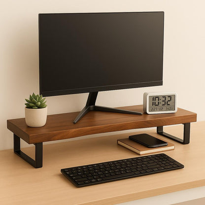 Handcrafted Walnut Monitor Riser with Live Edge, Modern Desk Shelf with Steel Legs, Ergonomic Computer Stand for Home Office Decor