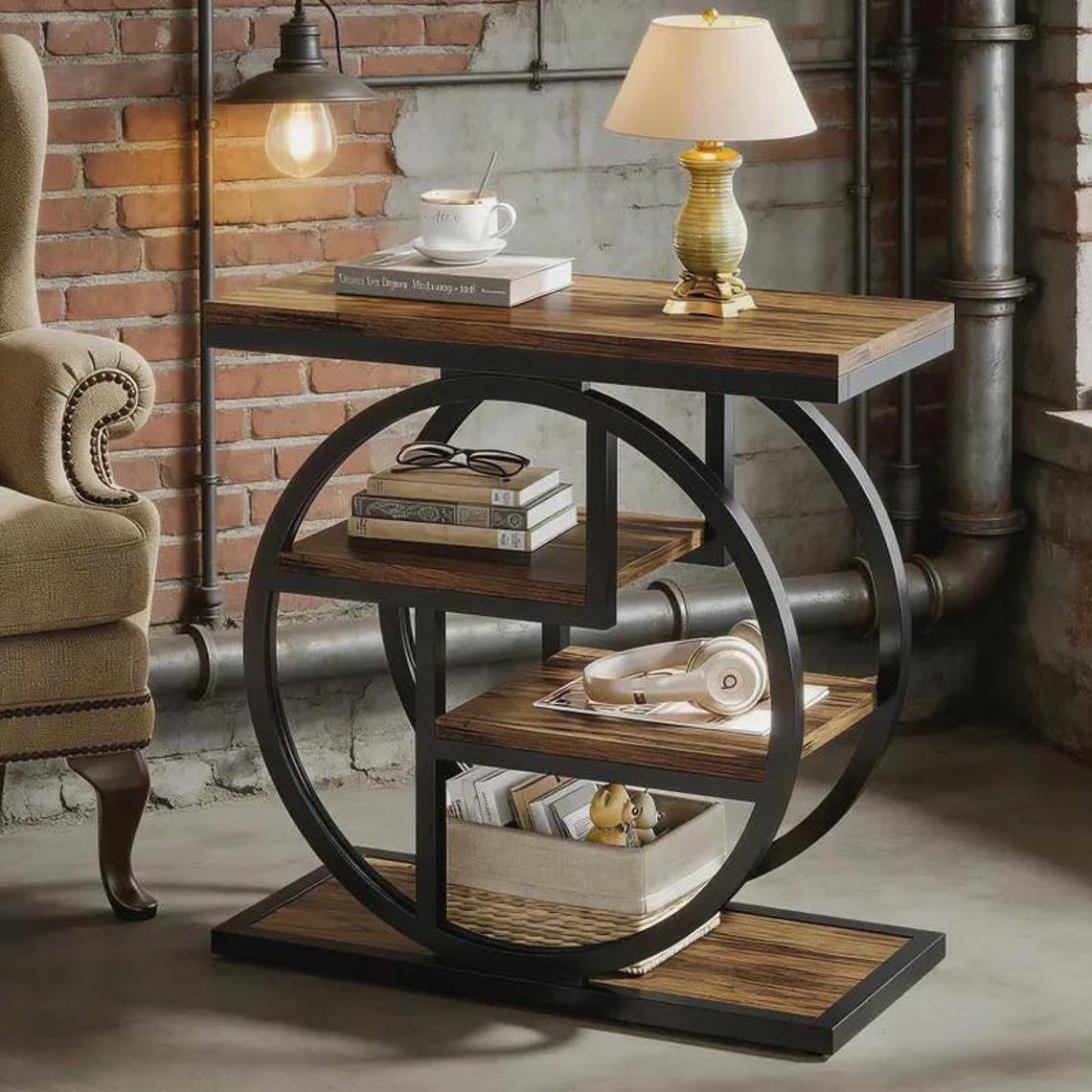 4 Tier Narrow End Table | Rustic Side Table with Storage Shelves