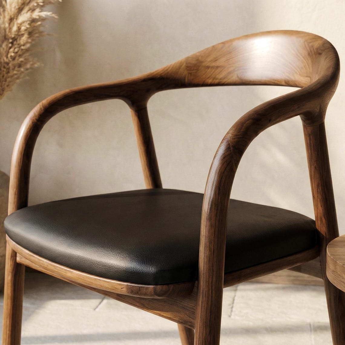 Walnut Dining Chairs Black Leather Cushion Mid Century Modern Office & Living Room Seating
