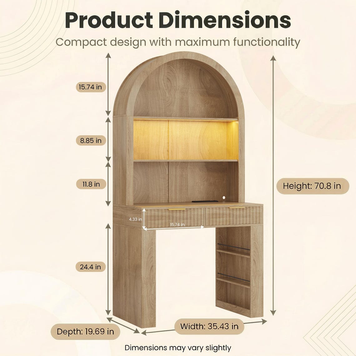 Arched Home Office Desk with Hutch, LED Lights & Charging Station - MDF Wood