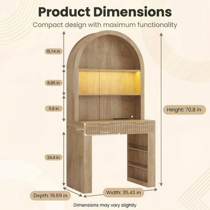 Arched Home Office Desk with Hutch, LED Lights & Charging Station - MDF Wood