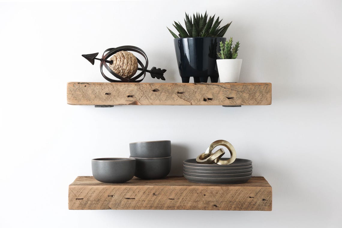Reclaimed Barn Wood Deep Floating Shelves | 3" Barn Beam | Amish Handcrafted | Set of 2| Low Profile Brackets