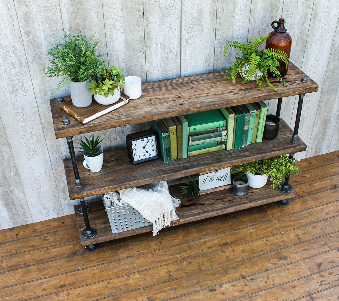 Steampunk book shelf, Industrial bookcase, Wooden Book Case, Wooden Book Shelf, Rustic book shelf, Steampunk tier stand, Pipe bookcase.