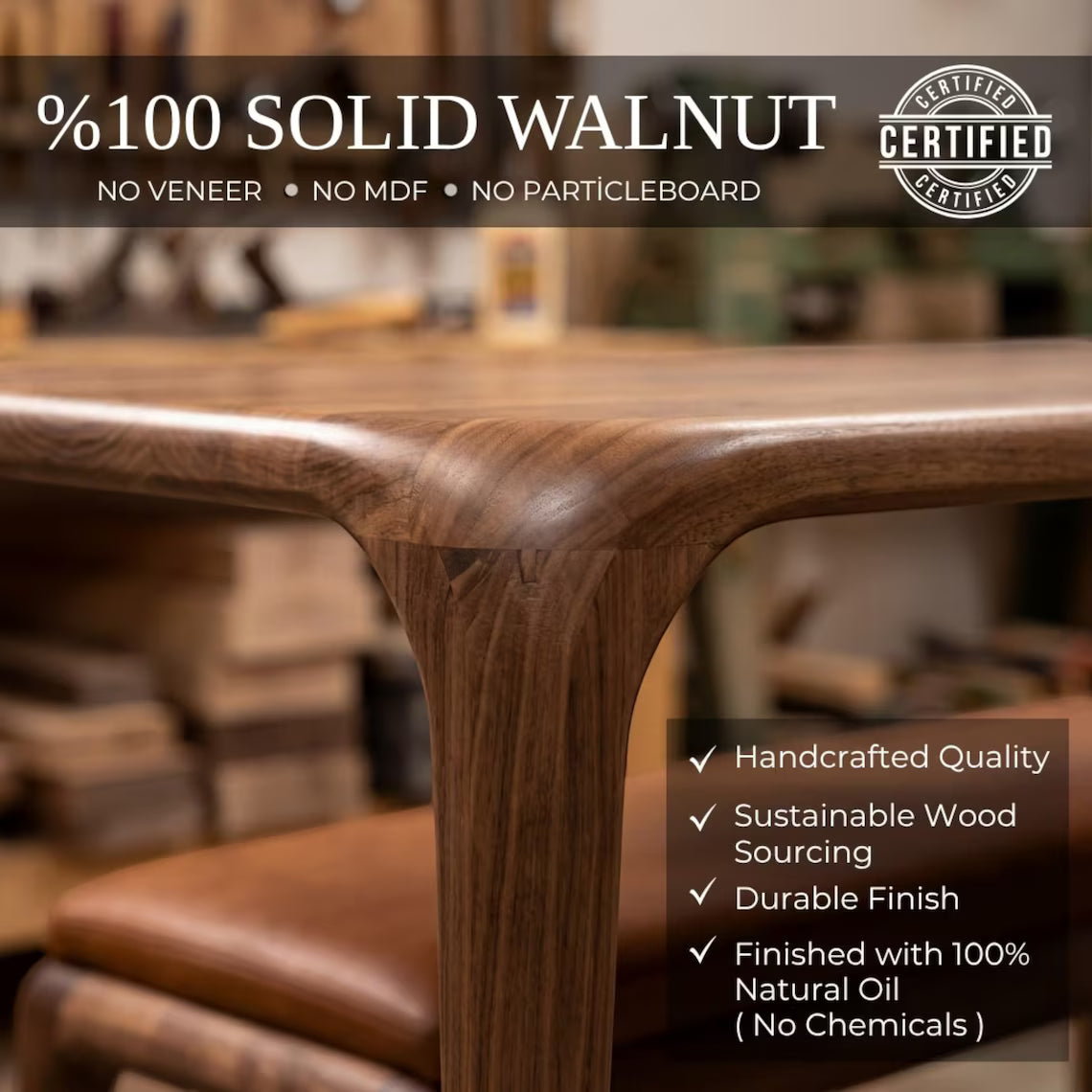 Solid Walnut Small Dining Table, Modern Minimalist Kitchen Table for Four, Handcrafted Natural Wood