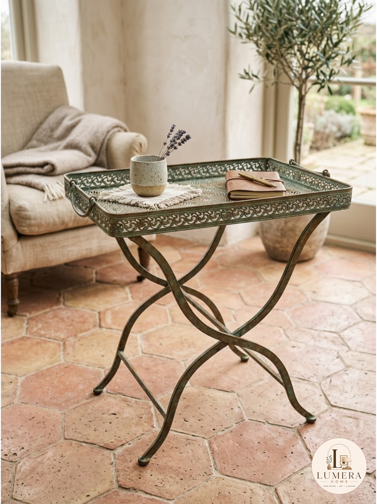 Green Patina Iron Garden Table – Floral Coffee Table, Home Decor