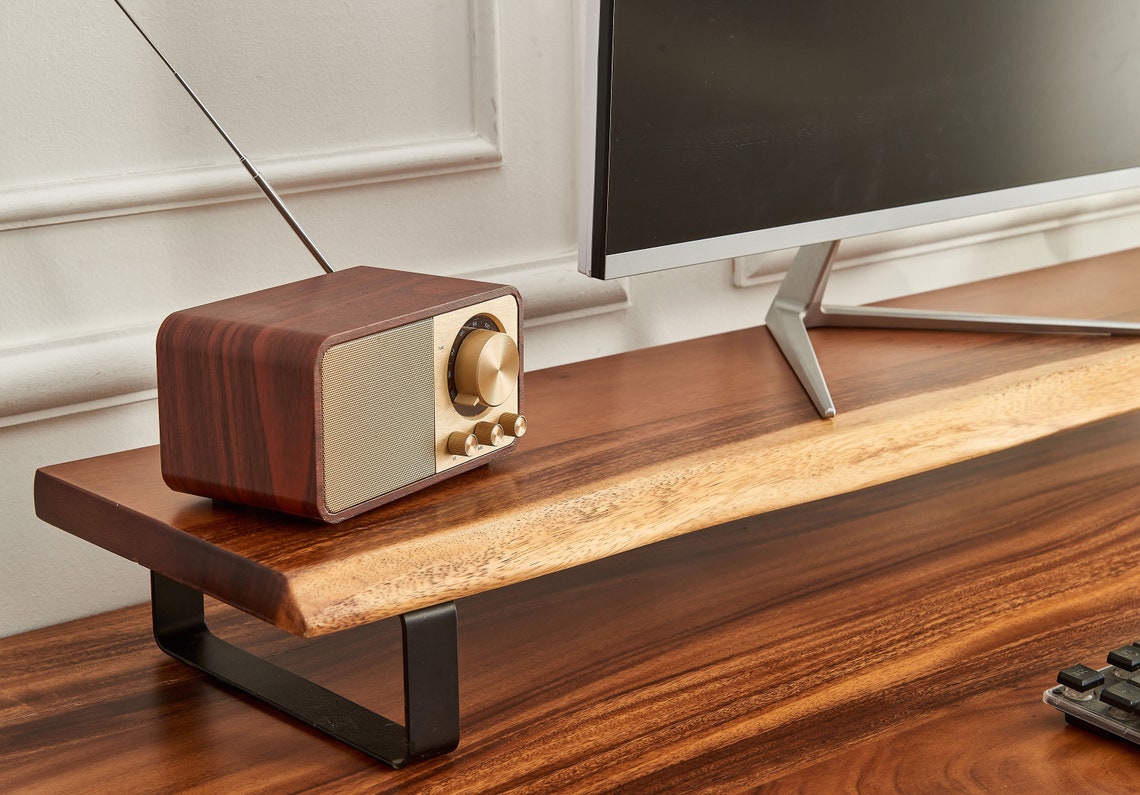 Walnut Monitor Stand: Solid Wood Desk Shelf with Steel Legs
