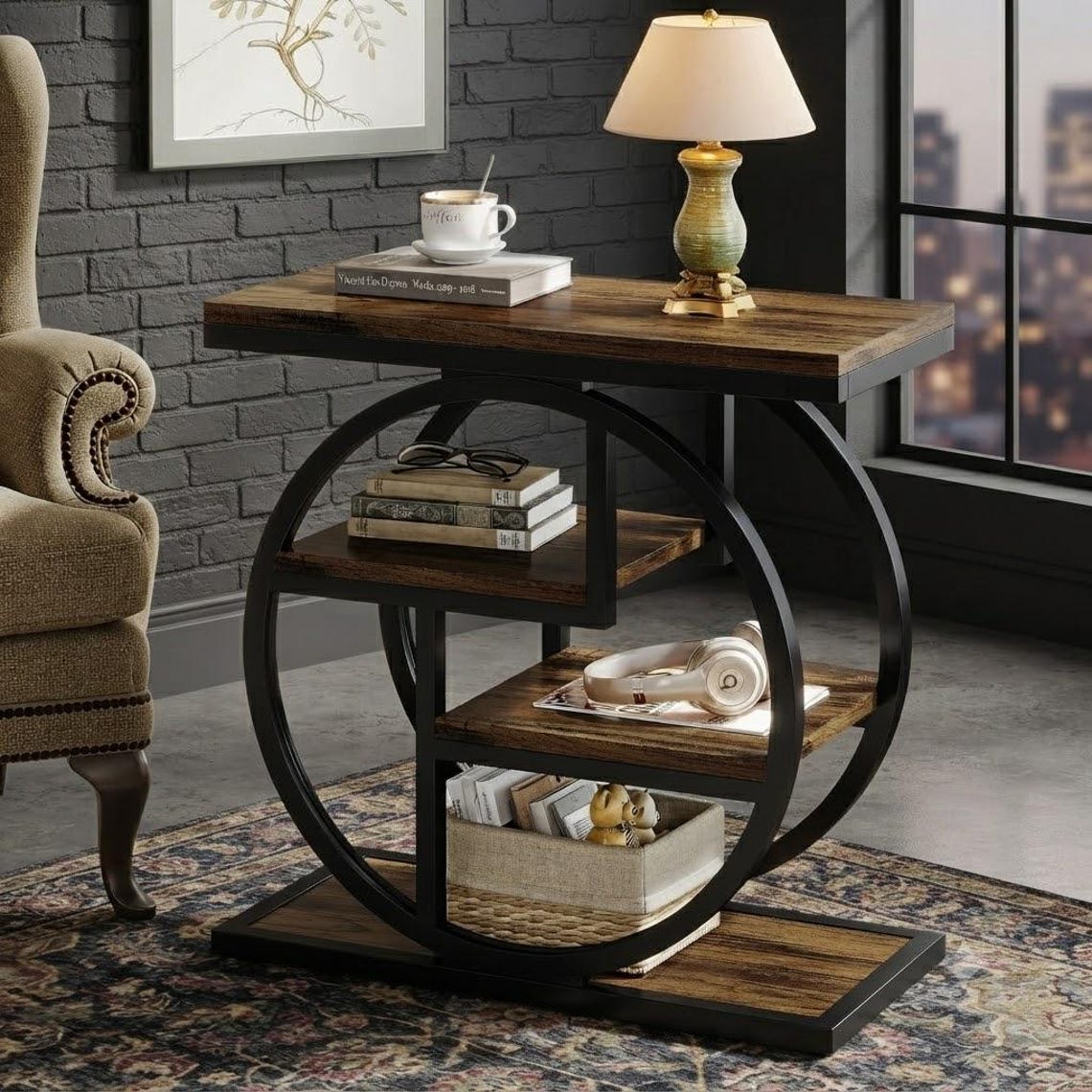 4 Tier Narrow End Table | Rustic Side Table with Storage Shelves