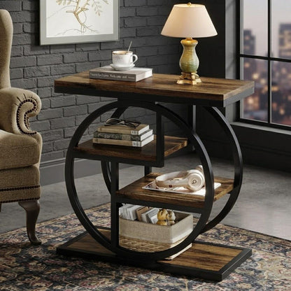 4 Tier Narrow End Table | Rustic Side Table with Storage Shelves